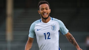 England's forward Lewis Baker celebrates after scoring during the Festival International Espoirs Under 21 football match final France vs England at the Parc des Sports stadium in Avignon, southern France, on May 29, 2016. / AFP / BERTRAND LANGLOIS (Photo credit should read BERTRAND LANGLOIS/AFP/Getty Images)