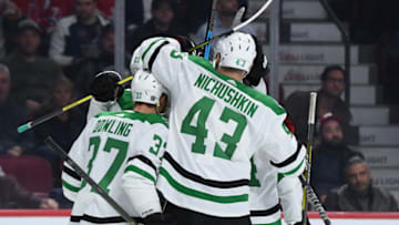 MONTREAL, QC - OCTOBER 30: Esa Lindell #23 of the Dallas Stars celebrates with teammates after scoring a goal against the Montreal Canadiens in the NHL game at the Bell Centre on October 30, 2018 in Montreal, Quebec, Canada. (Photo by Francois Lacasse/NHLI via Getty Images)