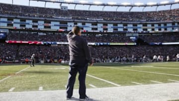 Dec 20, 2015; Foxborough, MA, USA; New England Patriots head coach Bill Belichick watches from the sideline as they take on the Tennessee Titans in the first half at Gillette Stadium. Mandatory Credit: David Butler II-USA TODAY Sports