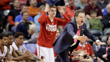 INDIANAPOLIS, IN - MARCH 19: Head coach Rick Pitino of the Louisville Cardinals reacts against the Michigan Wolverines in the first half during the second round of the 2017 NCAA Men's Basketball Tournament at the Bankers Life Fieldhouse on March 19, 2017 in Indianapolis, Indiana. (Photo by Andy Lyons/Getty Images)
