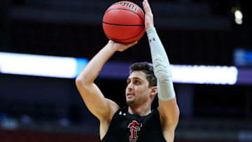 ANAHEIM, CALIFORNIA - MARCH 27: Davide Moretti #25 of the Texas Tech Red Raiders shoots the ball during a practice session ahead of the 2019 NCAA Men's Basketball Tournament West Regional at Honda Center on March 27, 2019 in Anaheim, California. (Photo by Yong Teck Lim/Getty Images)