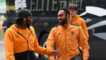 HULL, ENGLAND - MAY 06: Dieumerci Mbokani of Hull City and Ahmed Elmohamady of Hull City arrive at the stadium prior to the Premier League match between Hull City and Sunderland at the KCOM Stadium on May 6, 2017 in Hull, England. (Photo by Stu Forster/Getty Images)