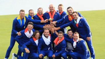 PARIS, FRANCE - SEPTEMBER 30: Captain Thomas Bjorn of Europe holds The Ryder Cup as The European Team celebrate victory following the singles matches of the 2018 Ryder Cup at Le Golf National on September 30, 2018 in Paris, France. (Photo by Andrew Redington/Getty Images)
