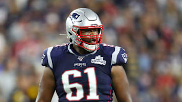 FOXBOROUGH, MASSACHUSETTS - SEPTEMBER 08: Marcus Cannon #61 of the New England Patriots looks on during the first half against the Pittsburgh Steelers at Gillette Stadium on September 08, 2019 in Foxborough, Massachusetts. (Photo by Maddie Meyer/Getty Images)