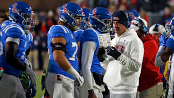 Auburn footballNov 12, 2022; Oxford, Mississippi, USA; Mississippi Rebels head coach Lane Kiffin during a timeout during the fourth quarter against the Alabama Crimson Tide at Vaught-Hemingway Stadium. Mandatory Credit: Petre Thomas-USA TODAY Sports