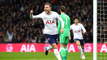 LONDON, ENGLAND - JANUARY 31: Christian Eriksen of Tottenham Hotspur celebrates after scoring his sides first goal during the Premier League match between Tottenham Hotspur and Manchester United at Wembley Stadium on January 31, 2018 in London, England. (Photo by Julian Finney/Getty Images)