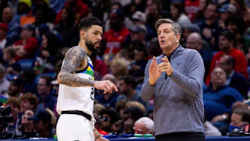 Austin Rivers, Chris Finch, Minnesota Timberwolves Mandatory Credit: Stephen Lew-USA TODAY Sports