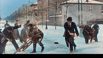 1897 year. Snowball fight colorized in 2021