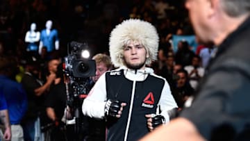 TAMPA, FL - APRIL 16: Khabib Nurmagomedov prepares to enter the Octagon before facing Darrell Horcher in their lightweight bout during the UFC Fight Night event at Amalie Arena on April 16, 2016 in Tampa, Florida. (Photo by Jeff Bottari/Zuffa LLC/Zuffa LLC via Getty Images)