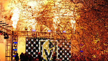 LAS VEGAS, NV - NOVEMBER 22: Pyrotechnics explode as the Vegas Golden Knights name and logo is revealed during the Las Vegas NHL team name Unveiling ceremony on November 22, 2016, at The Park at T-Mobile Arena in Las Vegas, NV. (Photo by Josh Holmberg/Icon Sportswire via Getty Images)