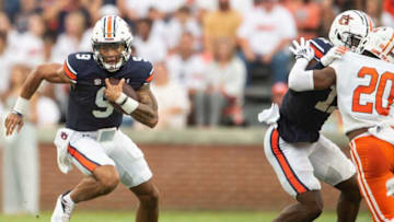 Auburn football quarterback Robby Ashford (9) runs the ball as Auburn Tigers take on Mercer Bears at Jordan-Hare Stadium in Auburn, Ala., on Saturday, Sept. 3, 2022.