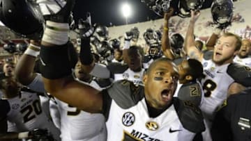 Sep 21, 2013; Bloomington, IN, USA; Missouri Tigers defensive lineman Michael Sam (52) reacts after the game at Memorial Stadium. Missouri defeats Indiana 45-28. Mandatory Credit: Mike DiNovo-USA TODAY Sports