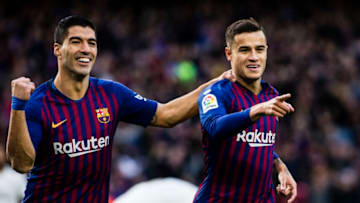 07 Coutinho from Brasil of FC Barcelona celebrating his goal with 09 Luis Suarez from Uruguay of FC Barcelona during the Spanish championship La Liga football match "El Classico" between FC Barcelona and Real Sociedad on October 28, 2018 at Camp Nou stadium in Barcelona, Spain. (Photo by Xavier Bonilla/NurPhoto via Getty Images)