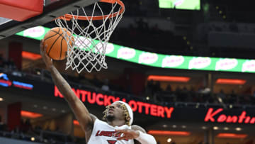 Nov 15, 2022; Louisville, Kentucky, USA; Louisville Cardinals guard El Ellis (3) shoots against Appalachian State Mountaineers guard Terence Harcum (23) during the second half at KFC Yum! Center. Appalachian State defeated Louisville 61-60. Mandatory Credit: Jamie Rhodes-USA TODAY Sports