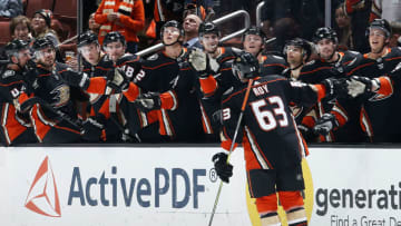 ANAHEIM, CA - DECEMBER 8: Kevin Roy #63 of the Anaheim Ducks celebrates his goal with his teammates in the first period of the game against the Minnesota Wild on December 8, 2017 at Honda Center in Anaheim, California. (Photo by Debora Robinson/NHLI via Getty Images)