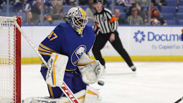 Jan 11, 2022; Buffalo, New York, USA; Buffalo Sabres goaltender Malcolm Subban (47) looks to make a glove save during the third period against the Tampa Bay Lightning at KeyBank Center. Mandatory Credit: Timothy T. Ludwig-USA TODAY Sports