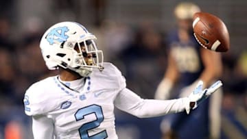 Oct 29, 2015; Pittsburgh, PA, USA; North Carolina Tar Heels cornerback Des Lawrence (2) breaks up a pass against the Pittsburgh Panthers during the second quarter at Heinz Field. The Tar Heels won 26-19. Mandatory Credit: Charles LeClaire-USA TODAY Sports