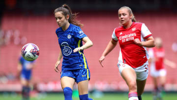LONDON, ENGLAND - AUGUST 01: Cerys Brown of Chelsea chases the ball during the Pre Season Friendly between Arsenal and Chelsea at Emirates Stadium on August 01, 2021 in London, England. (Photo by Chloe Knott - Danehouse/Getty Images)