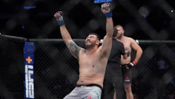 Sep 14, 2019; Vancouver, BC, Canada; Augusto Sakai (blue gloves) defeats Marcin Tybura (red gloves) during UFC Fight Night at Rogers Arena. Mandatory Credit: Kyle Terada-USA TODAY Sports