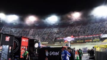 Apr 19, 2015; Bristol, TN, USA; Fog settles in during the NASCAR Food City 500 at Bristol Motor Speedway. Mandatory Credit: Randy Sartin-USA TODAY Sports