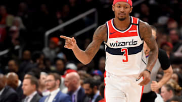 WASHINGTON, DC - MARCH 06: Bradley Beal #3 of the Washington Wizards reacts after a play against the Atlanta Hawks during the first half at Capital One Arena on March 06, 2020 in Washington, DC. NOTE TO USER: User expressly acknowledges and agrees that, by downloading and or using this photograph, User is consenting to the terms and conditions of the Getty Images License Agreement. (Photo by Will Newton/Getty Images)