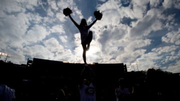 ATHENS, GA - NOVEMBER 12: A cheerleader with the Georgia Bulldogs performs prior to their game against the Auburn Tigers at Sanford Stadium on November 12, 2016 in Athens, Georgia. (Photo by Michael Chang/Getty Images)