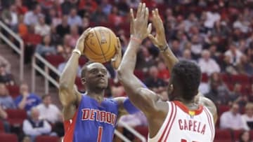 Jan 20, 2016; Houston, TX, USA; Detroit Pistons guard Reggie Jackson (1) shoots against Houston Rockets forward Clint Capela (15) in the second half at Toyota Center. Pistons won 123 to 114. Mandatory Credit: Thomas B. Shea-USA TODAY Sports