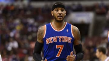 Mar 21, 2014; Philadelphia, PA, USA; New York Knicks forward Carmelo Anthony (7) gives the thumbs up during the second quarter against the Philadelphia 76ers at the Wells Fargo Center. Mandatory Credit: Howard Smith-USA TODAY Sports