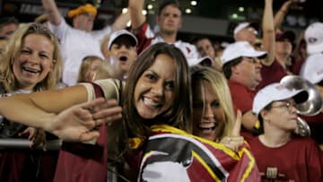 CHESTNUT HILL, MA - SEPTEMBER 17: Fans of the Florida State Seminoles celebrate their team's victory against the Boston College Eagles during their Atlantic Coast Conference game at Alumi Stadium on September 17, 2005 in Chestnut Hill, Massachusetts. Florida State defeated Boston College 28-17. (Photo by Jim McIsaac/Getty Images)