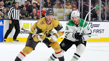 LAS VEGAS, NEVADA - FEBRUARY 25: Jack Eichel #9 of the Vegas Golden Knights skates with the puck against Joe Pavelski #16 of the Dallas Stars in overtime of their game at T-Mobile Arena on February 25, 2023 in Las Vegas, Nevada. The Stars defeated Golden Knights 3-2 in a shootout. (Photo by Ethan Miller/Getty Images)