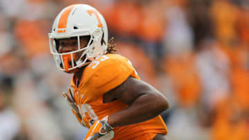 KNOXVILLE, TN - SEPTEMBER 08: Jeremy Banks #33 of the Tennessee Volunteers reacts to scoring a touchdown during a game against the East Tennessee State University Buccaneers at Neyland Stadium on September 8, 2018 in Knoxville, Tennessee. Tennessee won the game 59-3. (Photo by Donald Page/Getty Images)