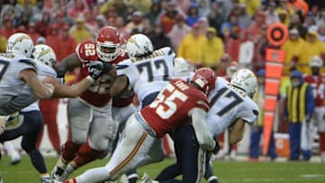 Dec 13, 2015; Kansas City, MO, USA; Kansas City Chiefs linebacker Dee Ford (55) sacks San Diego Chargers quarterback Philip Rivers (17) in the second half at Arrowhead Stadium. Kansas City won the game 10-3. Mandatory Credit: John Rieger-USA TODAY Sports