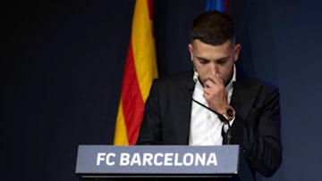 Barcelona's Spanish defender Jordi Alba delivers a speech during a farewell event at the Camp Nou stadium in Barcelona on June 1, 2023. Alba departs Barcelona FC with six La Liga trophies and one Champions League triumph among other silverware. (Photo by Josep LAGO / AFP) (Photo by JOSEP LAGO/AFP via Getty Images)