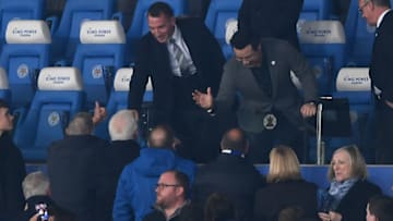 Leicester City manager Brendan Rodgers, Chairman Aiyawatt Srivaddhanaprabha (Photo by Mike Hewitt/Getty Images)