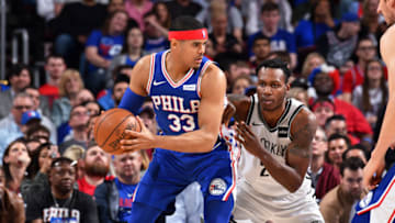 PHILADELPHIA, PA - April 23: Tobias Harris #33 of the Philadelphia 76ers handles the ball against the Brooklyn Nets during Round One Game Five of the 2019 NBA Playoffs on April 23, 2019 at the Wells Fargo Center in Philadelphia, Pennsylvania NOTE TO USER: User expressly acknowledges and agrees that, by downloading and/or using this Photograph, user is consenting to the terms and conditions of the Getty Images License Agreement. Mandatory Copyright Notice: Copyright 2019 NBAE (Photo by Jesse D. Garrabrant/NBAE via Getty Images)