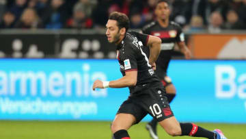 LEVERKUSEN, GERMANY - JANUARY 28: Hakan Calhanoglu of Leverkusen in action during the Bundesliga match between Bayer 04 Leverkusen and Borussia Moenchengladbach at BayArena on January 28, 2017 in Leverkusen, Germany. (Photo by TF-Images/Getty Images)
