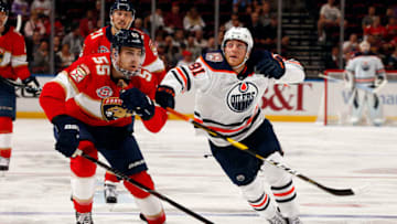 SUNRISE, FL - NOVEMBER 8: Bogdan Kiselevich #55 of the Florida Panthers skates for position against Drake Caggiula #91 of the Edmonton Oilers at the BB&T Center on November 8, 2018 in Sunrise, Florida. (Photo by Eliot J. Schechter/NHLI via Getty Images)