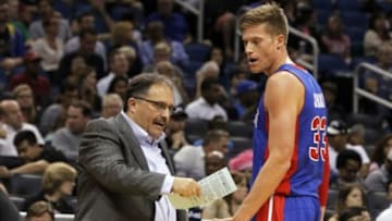 Oct 17, 2014; Orlando, FL, USA; Detroit Pistons head coach Stan Van Gundy reacts to forward Jonas Jerebko (33) and teammates against the Orlando Magic during the second half at Amway Center. Orlando Magic defeated the Detroit Pistons 99-87. Mandatory Credit: Kim Klement-USA TODAY Sports