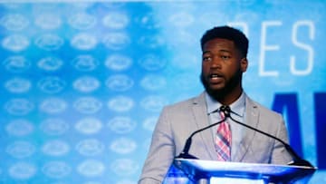 Jul 21, 2016; Charlotte, NC, USA; North Carolina Tar Heels cornerback Des Lawrence speaks to the media during the ACC Football Kickoff at Westin Charlotte. Mandatory Credit: Jeremy Brevard-USA TODAY Sports