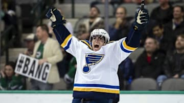 Dec 20, 2016; Dallas, TX, USA; St. Louis Blues left wing David Perron (57) celebrates his game wining goal against the Dallas Stars during the overtime period at the American Airlines Center. The Blues defeat the Stars 3-2 in overtime. Mandatory Credit: Jerome Miron-USA TODAY Sports