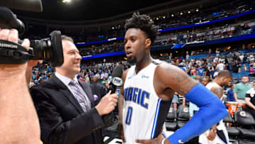 ORLANDO, FL - APRIL 4: Jamel Artis #0 of the Orlando Magic talks with the media after the game against the Dallas Mavericks on April 4, 2018 at Amway Center in Orlando, Florida. NOTE TO USER: User expressly acknowledges and agrees that, by downloading and or using this photograph, User is consenting to the terms and conditions of the Getty Images License Agreement. Mandatory Copyright Notice: Copyright 2018 NBAE (Photo by Fernando Medina/NBAE via Getty Images)