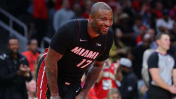 P.J. Tucker #17 of the Miami Heat reacts against the Atlanta Hawks during second half in Game Three (Photo by Kevin C. Cox/Getty Images)