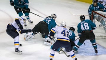 May 21, 2016; San Jose, CA, USA; St. Louis Blues center Jori Lehtera (12) shoots and scores against the San Jose Sharks in the first period of game four of the Western Conference Final of the 2016 Stanley Cup Playoffs at SAP Center at San Jose. Mandatory Credit: John Hefti-USA TODAY Sports