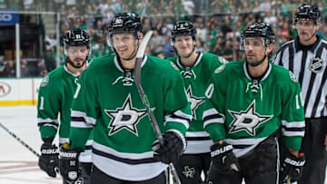Oct 8, 2015; Dallas, TX, USA; Dallas Stars center Tyler Seguin (91) and center Jason Spezza (90) and defenseman John Klingberg (3) and left wing Patrick Sharp (10) during the game against the Pittsburgh Penguins at the American Airlines Center. The Stars shut out the Penguins 3-0. Mandatory Credit: Jerome Miron-USA TODAY Sports