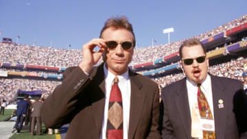TEMPE, AZ - JANUARY 28: NFL legend quarterback Joe Montana who won four super bowls with the San Francisco 49ers poses for a photo on the field after participating in the coin toss prior to Super Bowl XXX between the Dallas Cowboys and the Pittsburgh Steelers at Sun Devil Stadium on January 28,1996 in Tempe, Arizona. The Cowboys defeated the Steelers 27-17. (Photo by George Rose/Getty Images)