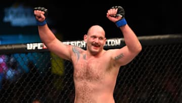 FAIRFAX, VA - APRIL 04: Timothy Johnson celebrates after defeating Shamil Abdurakhimov of Russia in their heavyweight fight during the UFC Fight Night event at the Patriot Center on April 4, 2015 in Fairfax, Virginia. (Photo by Josh Hedges/Zuffa LLC/Zuffa LLC via Getty Images)
