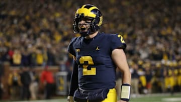ANN ARBOR, MI - OCTOBER 13: Shea Patterson #2 of the Michigan Wolverines reacts to a a Karan Higdon #22 first half touchdown while playing the Wisconsin Badgers on October 13, 2018 at Michigan Stadium in Ann Arbor, Michigan. (Photo by Gregory Shamus/Getty Images)