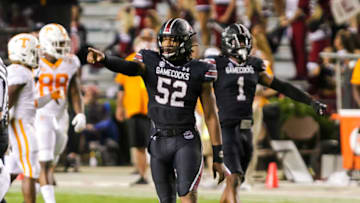 Sep 26, 2020; Columbia, South Carolina, USA; South Carolina Gamecocks defensive lineman Kingsley Enagbare (52) celebrates a sack against the Tennessee Volunteers at Williams-Brice Stadium. Mandatory Credit: Jeff Blake-USA TODAY Sports