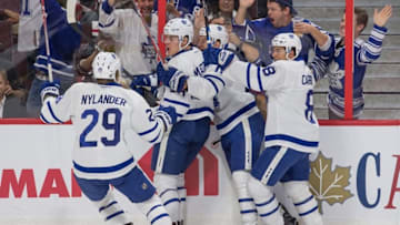Oct 12, 2016; Ottawa, Ontario, CAN; Toronto Maple Leafs ccenter Auston Matthews celebrates his first NHL goal in the first period against the Ottawa Senators at Canadian Tire Centre. Mandatory Credit: Marc DesRosiers-USA TODAY Sports