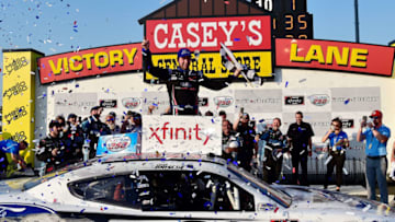 NEWTON, IA - JULY 27: Chase Briscoe, driver of the #98 Ford Performance Ford, celebrates in victory lane after winning the NASCAR Xfinity Series U.S. Cellular 250 at Iowa Speedway on July 27, 2019 in Newton, Iowa. (Photo by Jeff Curry/Getty Images)